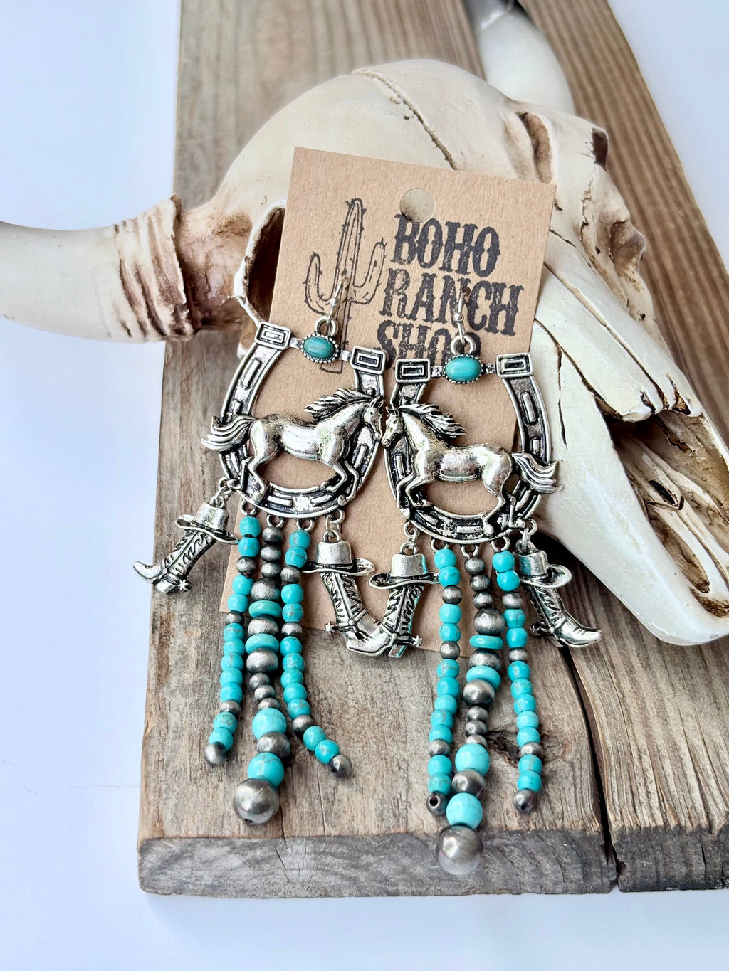 Western Statement Horseshoe Stone Dangle Drop Earrings