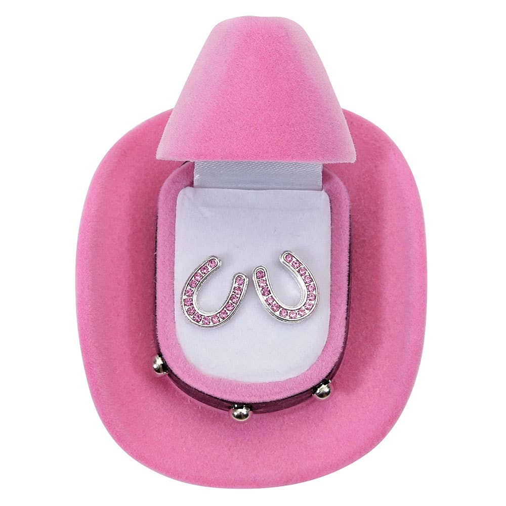 Pink Rhinestone Horseshoe Earrings in Cowboy Hat Gift Box