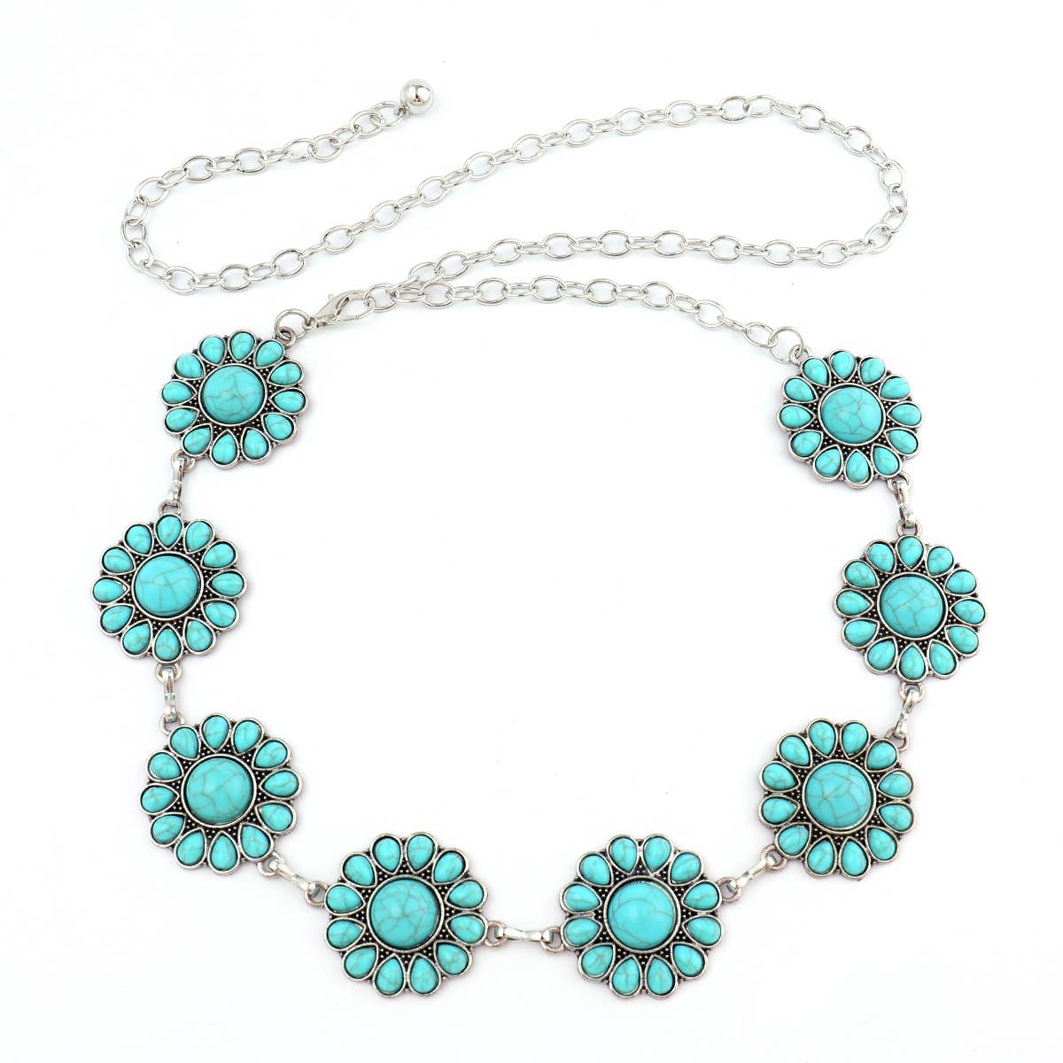 Silver Concho Belt with Turquoise - 8 Piece Adjustable