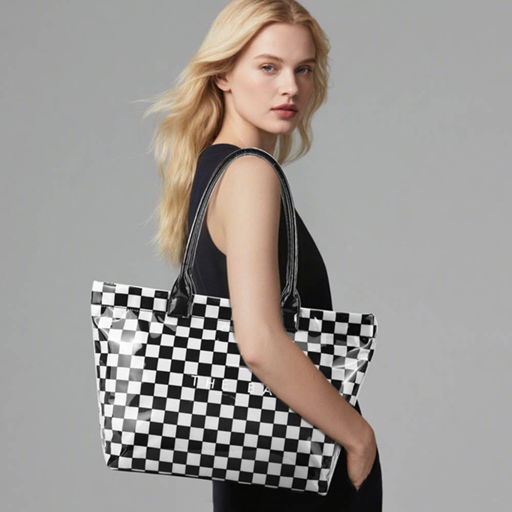 THE BAG Message Print Checkered Pattern Clear FInish Tote Bag