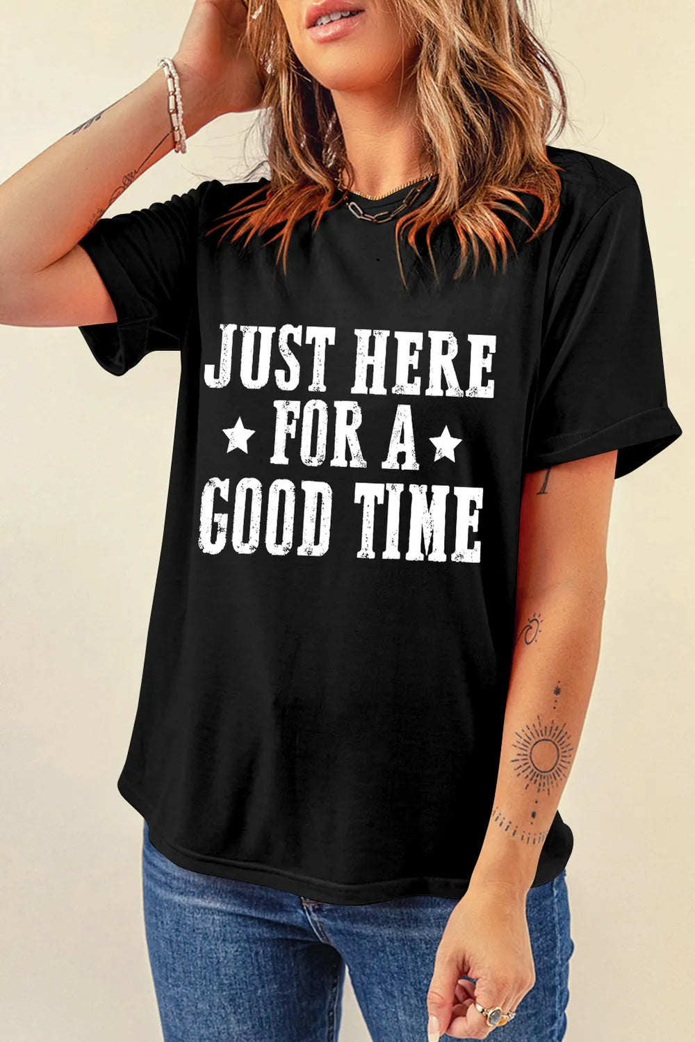 Letter Graphic Round Neck Short Sleeve T-Shirt featuring a bold 'Just Here For A Good Time' print.