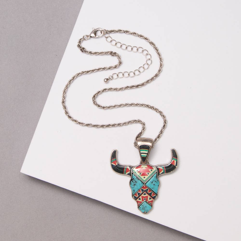 Western Aztek Hand Stone Steerhead Necklace