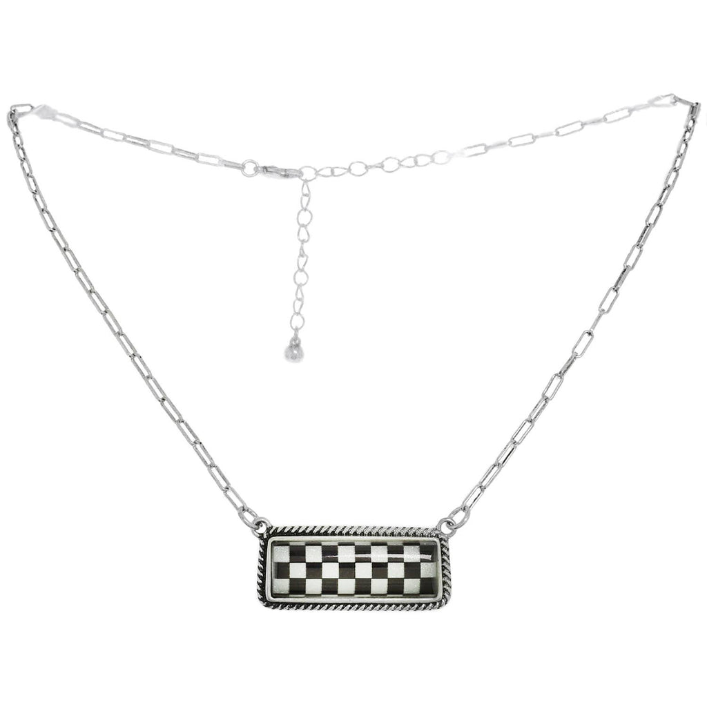 Western Checkerboard Bar Pendant Necklace