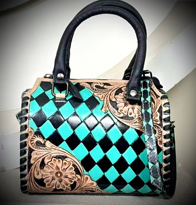 Small Turquoise Black Leather Checkered Speedy Bag Western 