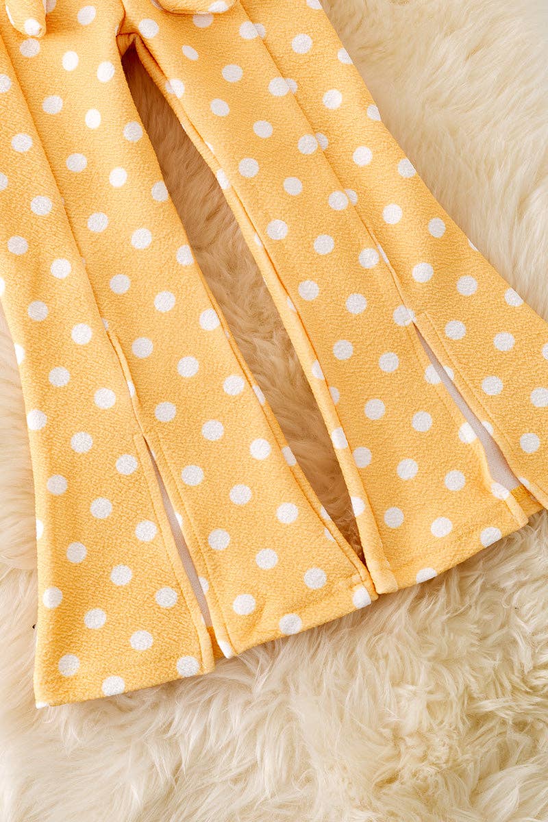 Daisy embroidered crop top & yellow pants w/polka dot.