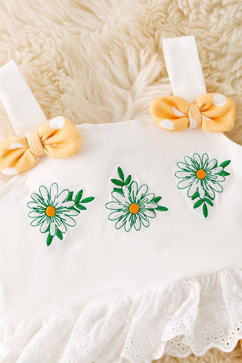 Daisy embroidered crop top & yellow pants w/polka dot.