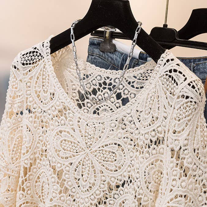 Bohemia Crochet Lace bell flare sleeve tee top cover up