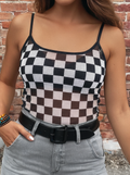 Western Sheer Checkered Print Spaghetti Straps Slim Tank Top