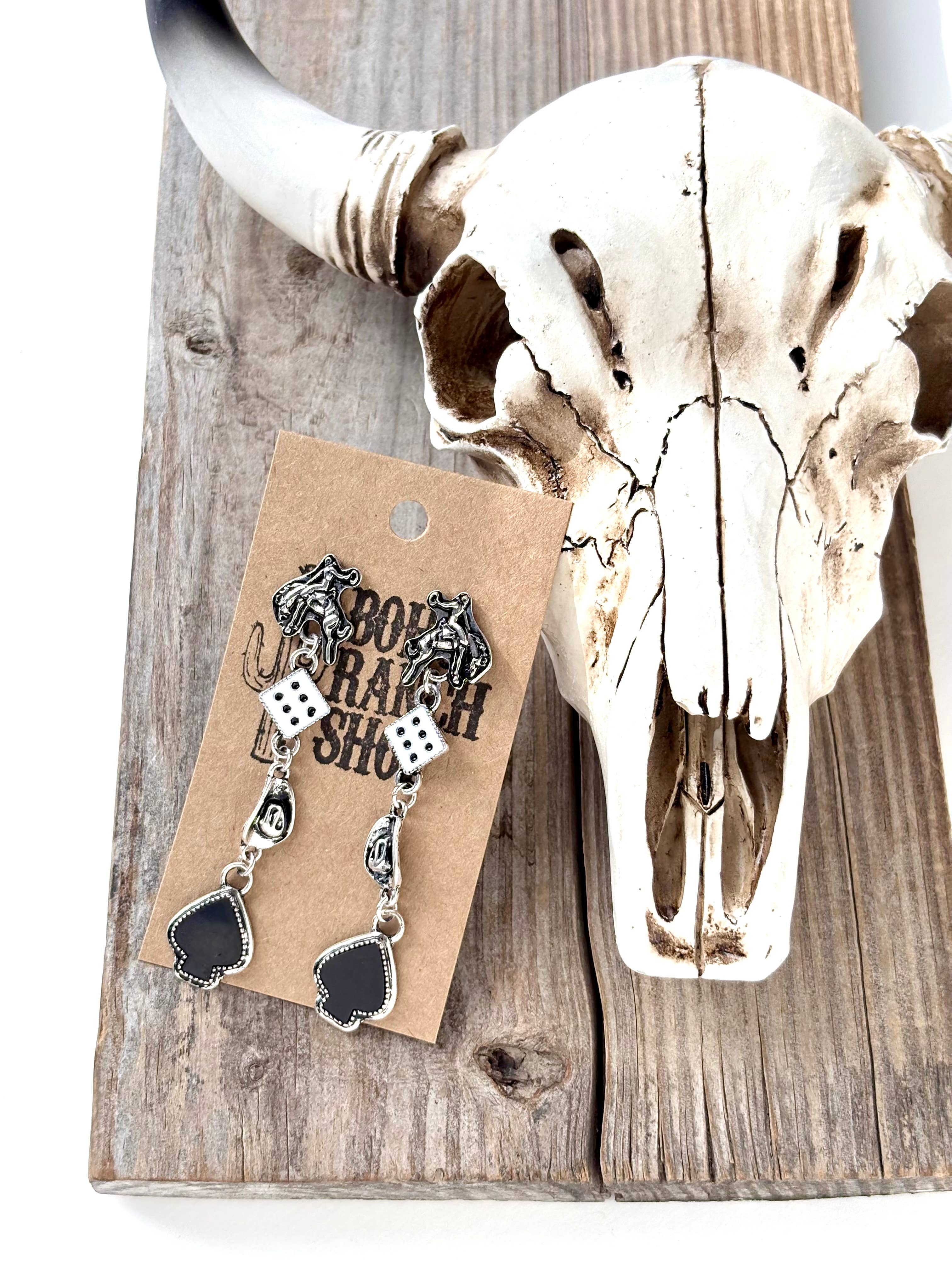 4 Tier Western Rodeo Dice Spade Stone Post Drop Earrings