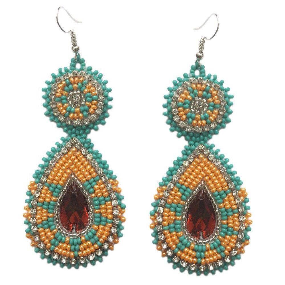 Handmade Teardrop Czech Seed Bead Earrings - 3.5 inches long