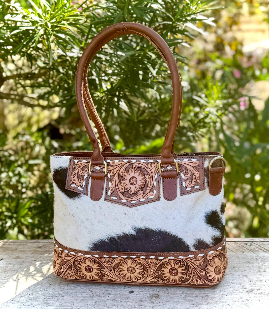 Cowhide Tooled Leather Crossbody Shoulder Bag Western 