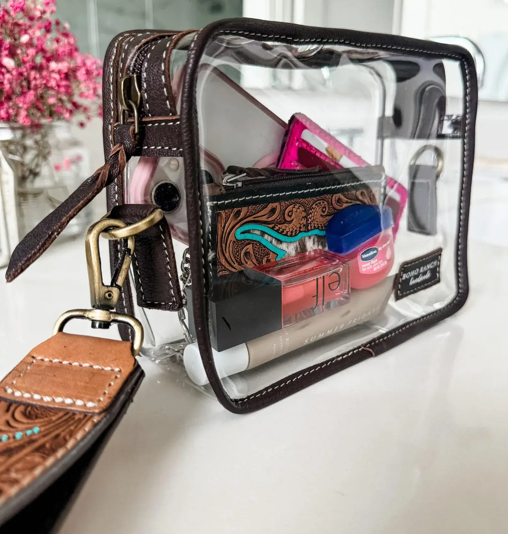 DARLA CLEAR WRISTLET | transparent western purse - game day with contents visible inside.