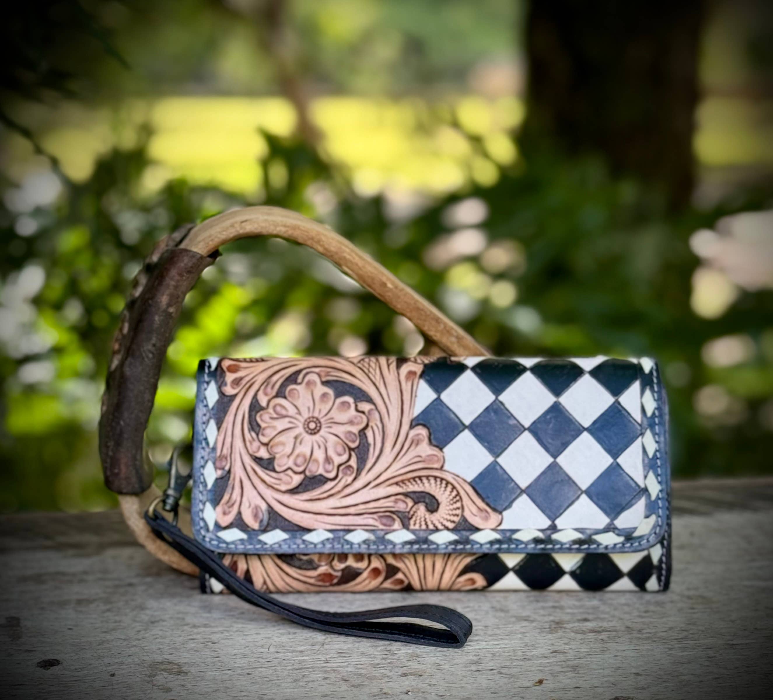 Black White Checkered Tooled Leather Wallet Wristlet Western