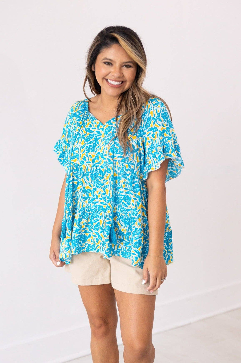 Blue & Yellow Floral Babydoll Top