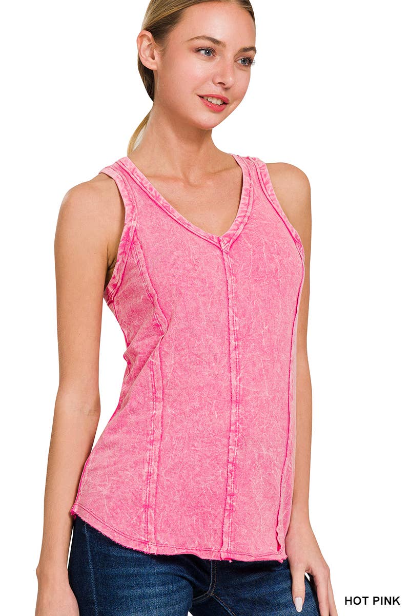 `.Washed Raw Edge V Neck Sleeveless Top