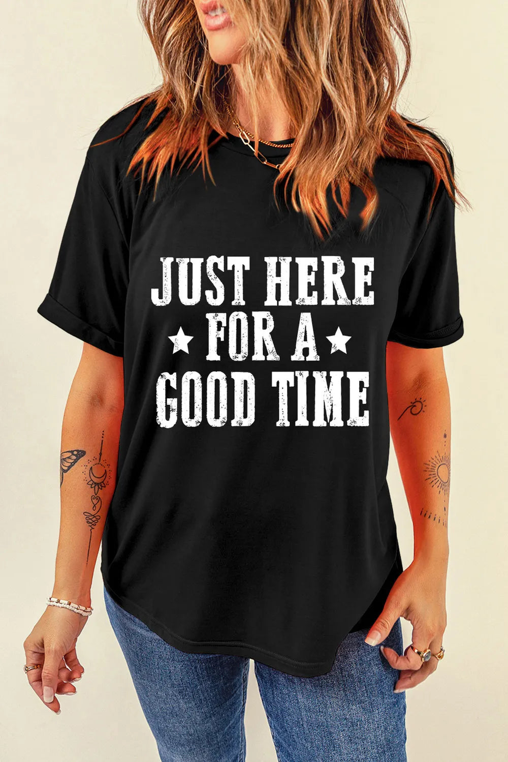 Letter Graphic Round Neck Short Sleeve T-Shirt featuring a bold design that reads 'Just Here For A Good Time'.
