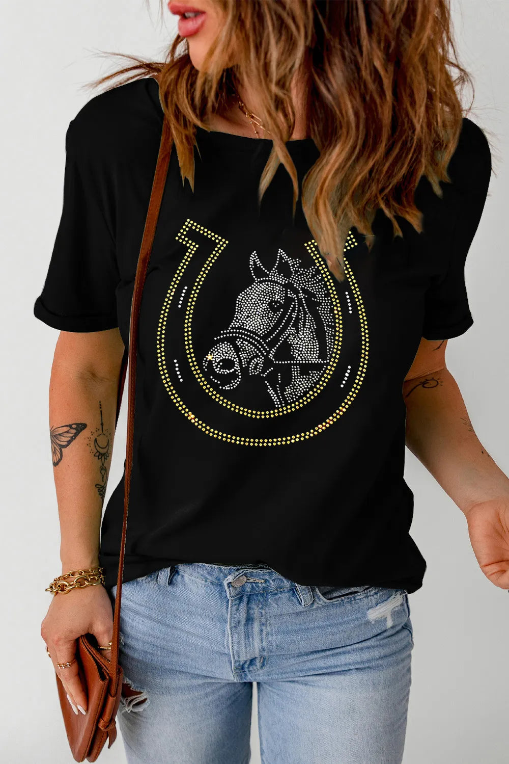 Rhinestone Round Neck Short Sleeve T-Shirt featuring a horse design in sparkling rhinestones on a black background.