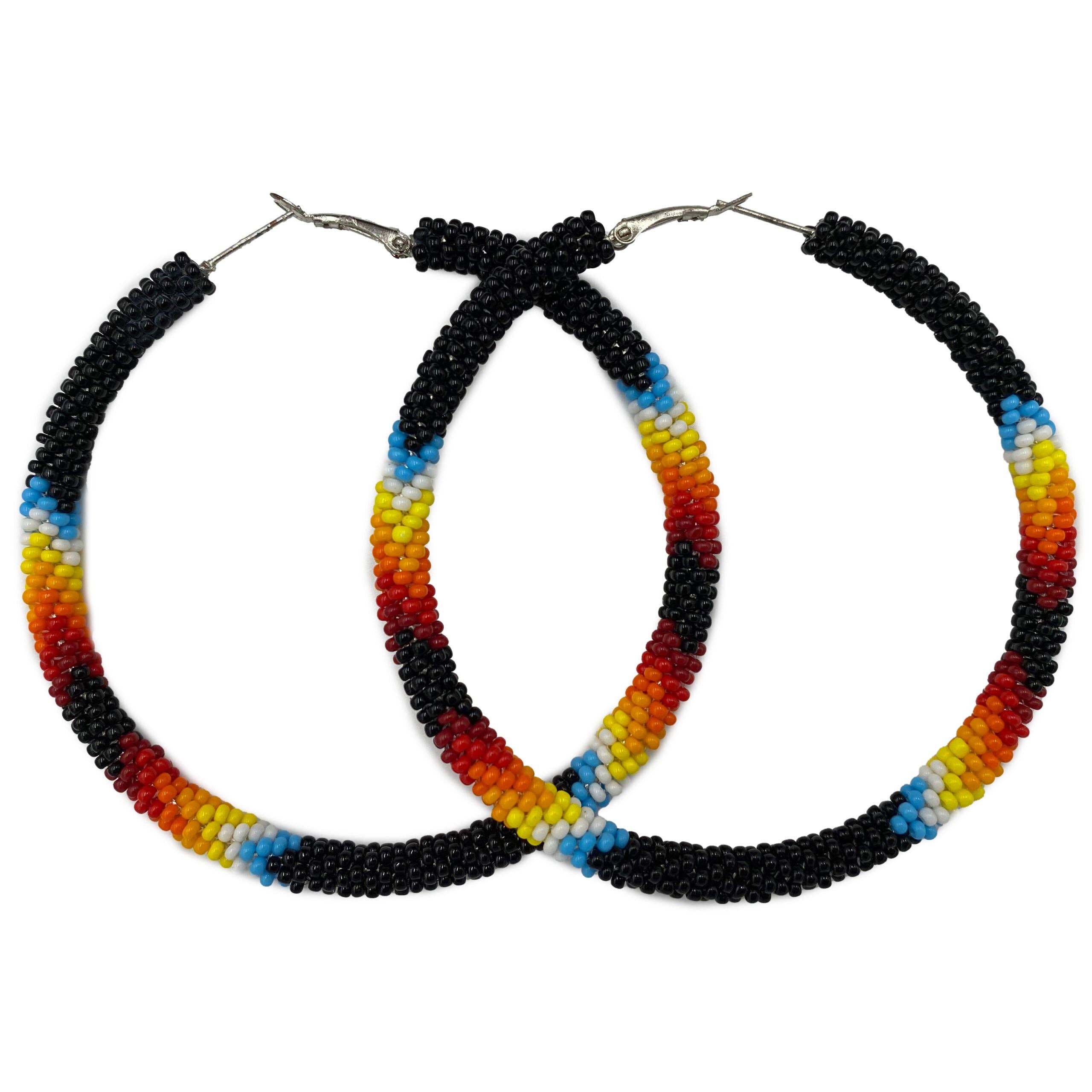 Handmade Native Style Hoop Earrings 3" - Black Fire Beaded