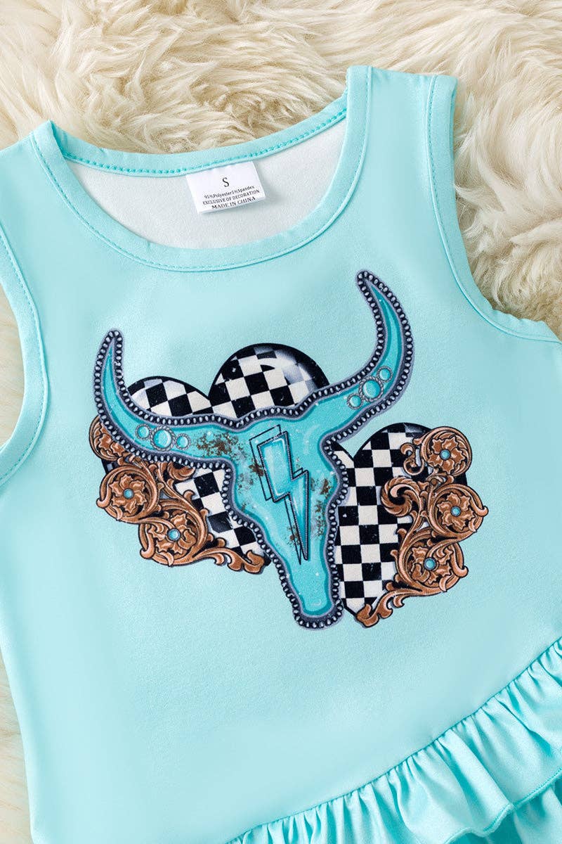 Bull skull on ruffle top and checkered shorts w/ruffle trim.