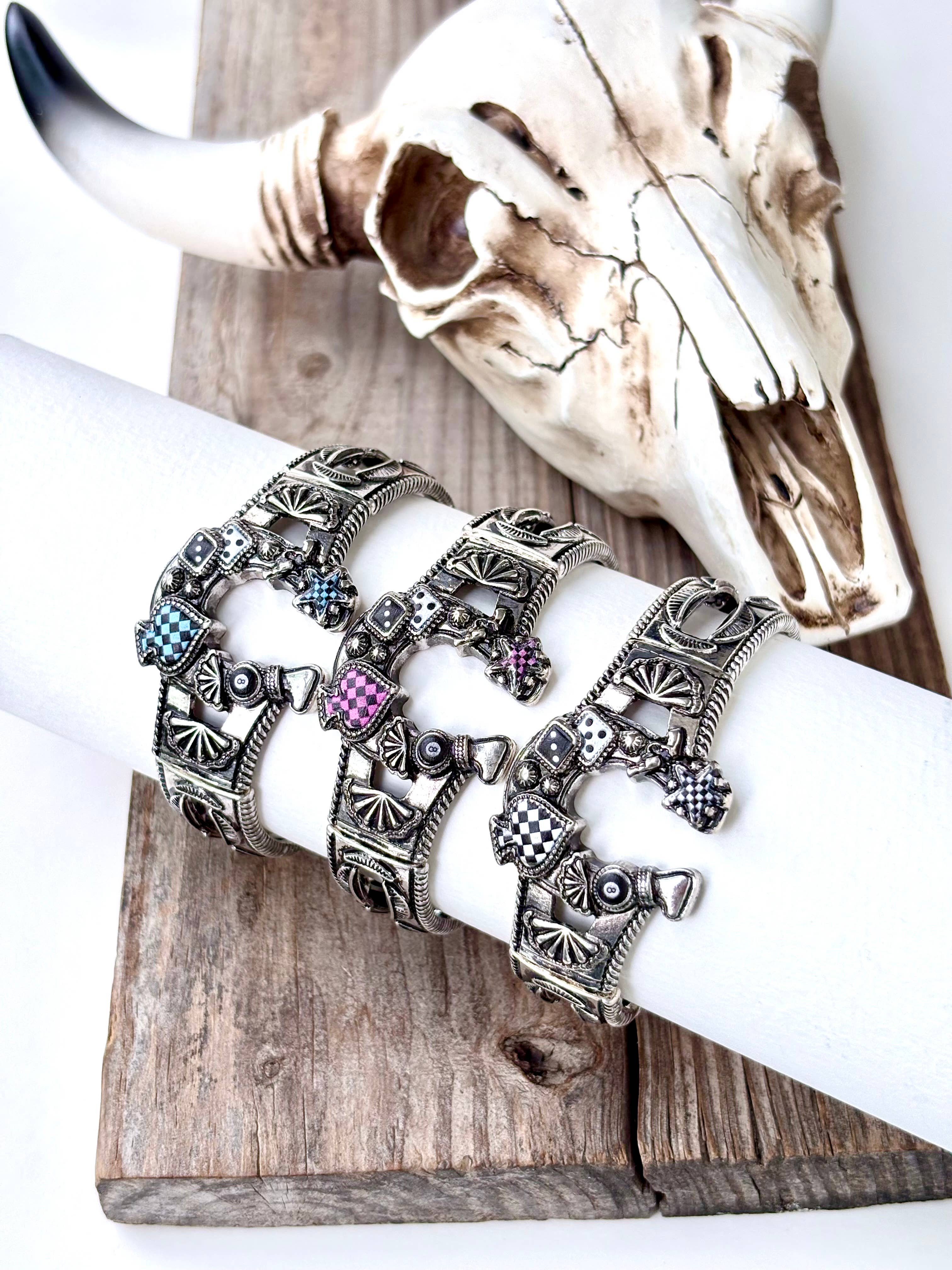 Western Horseshoe Spade Checker Stretch Bracelet