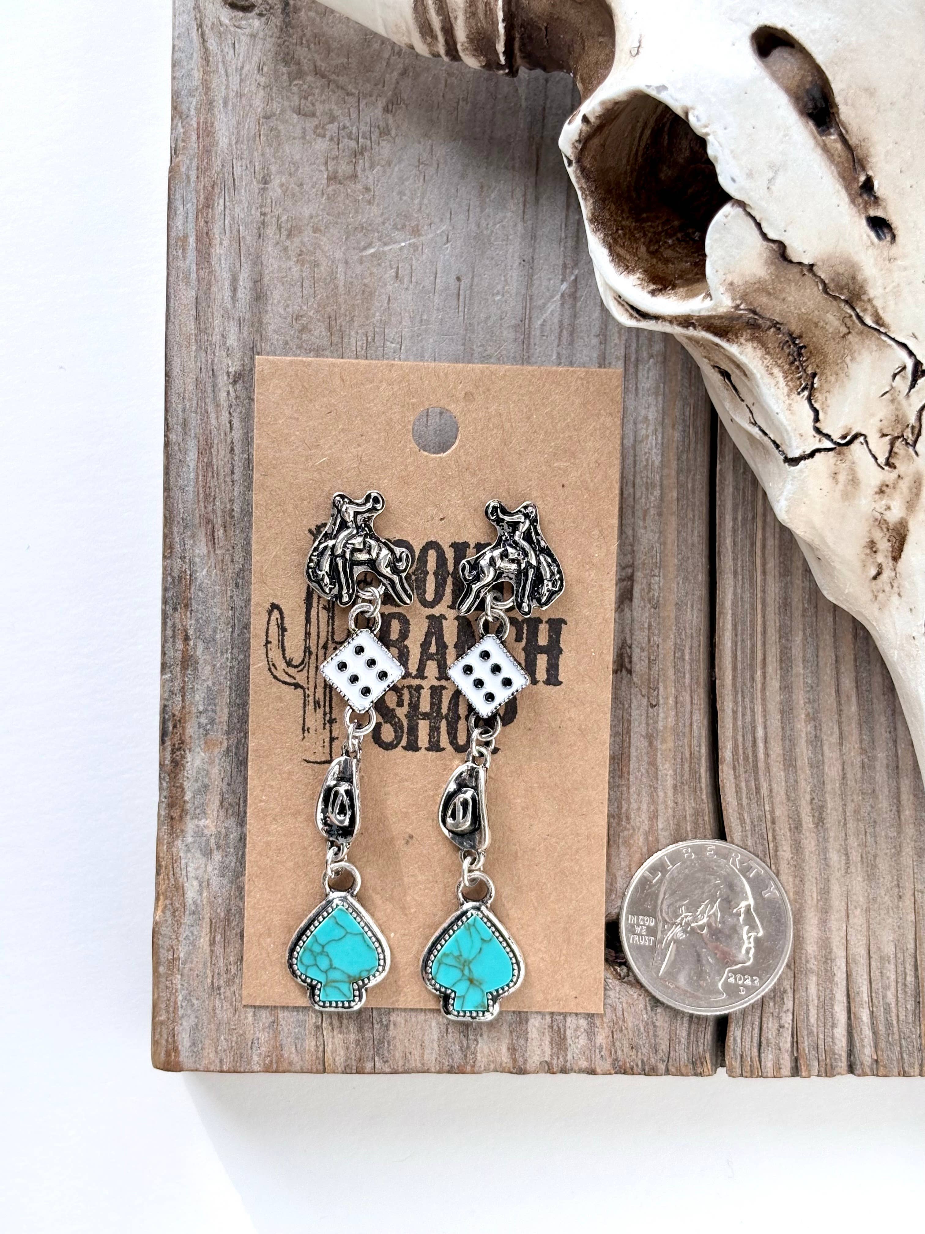 4 Tier Western Rodeo Dice Spade Stone Post Drop Earrings