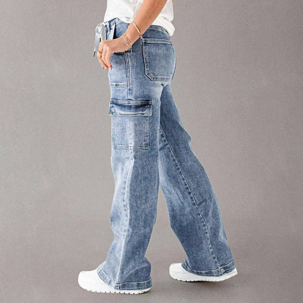 Women Fashion Casual Cargo Jeans with Pockets and Lace-Up Detail