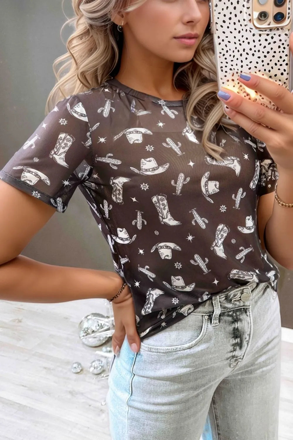 Western Pattern Mesh Sheer Crew Neck Top featuring a stylish Western design on lightweight mesh fabric.