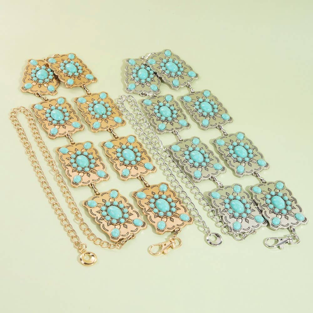 Western Mixed Turquoise Stud Rectangle Concho Chain Belt