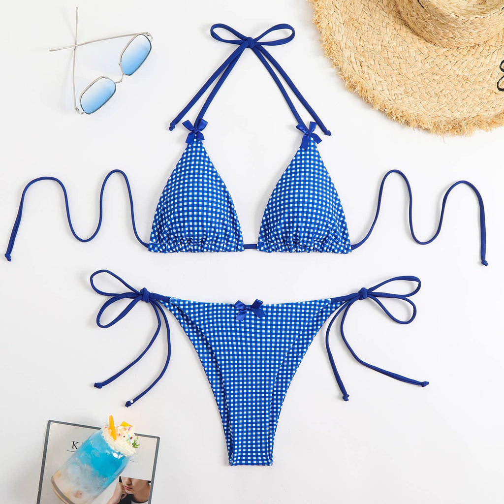 Check Bow Sexy Split Bikini Swimsuit