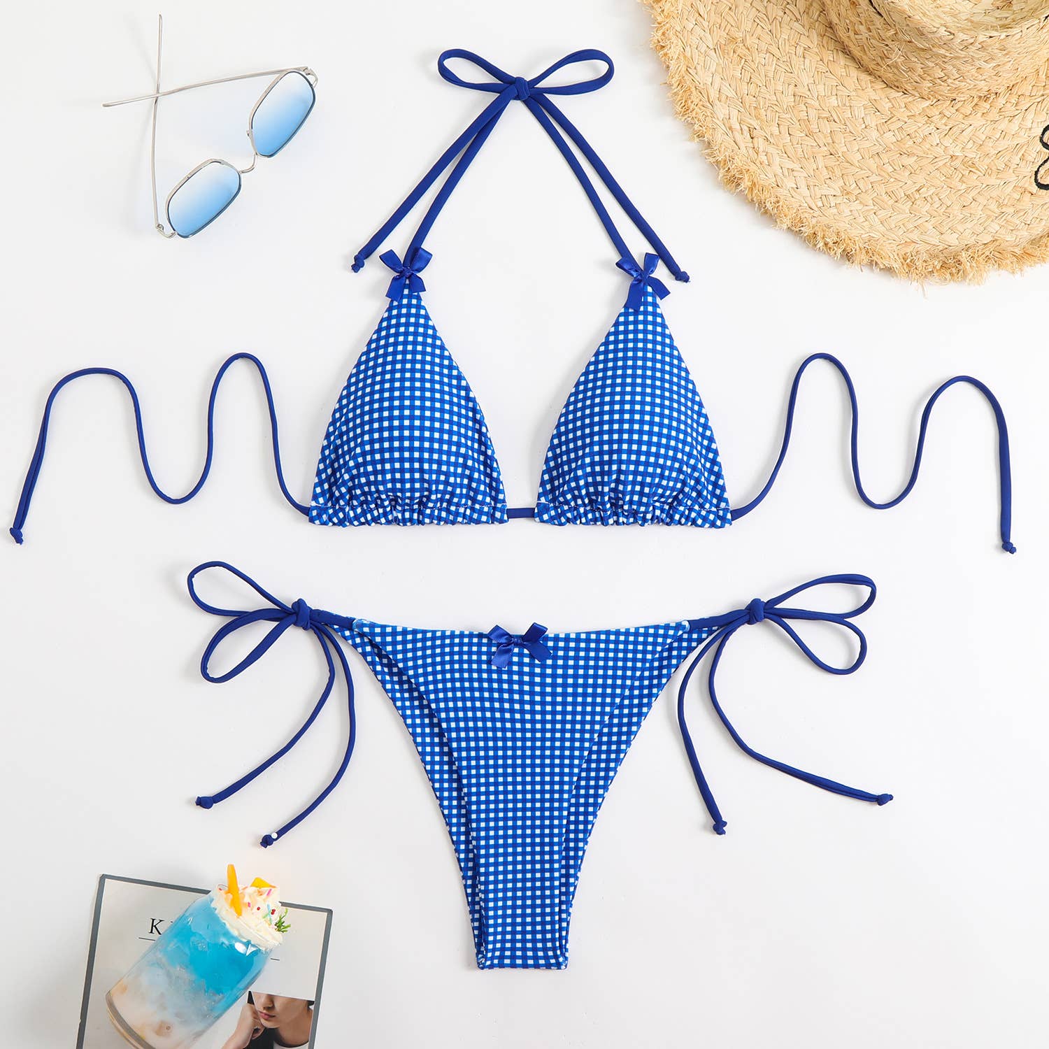 Check Bow Sexy Split Bikini Swimsuit