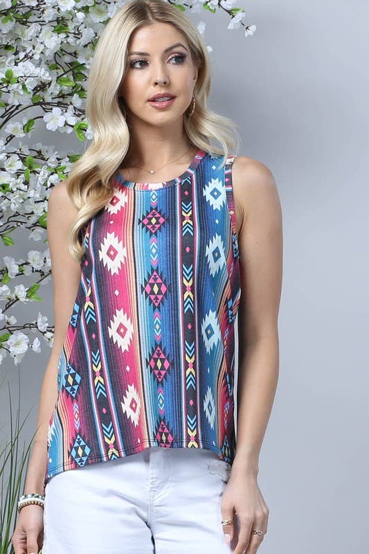 VALERIA AZTEC SERAPE PRINT CROSS BACK SLEEVELESS TOP