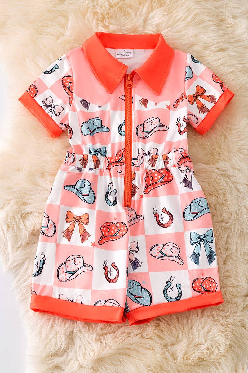 Checkered western girls romper with collar.