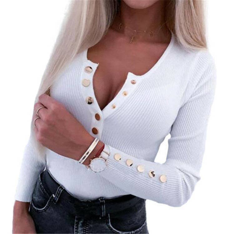 Women Casual Solid Color Long Sleeve Button T-Shirt