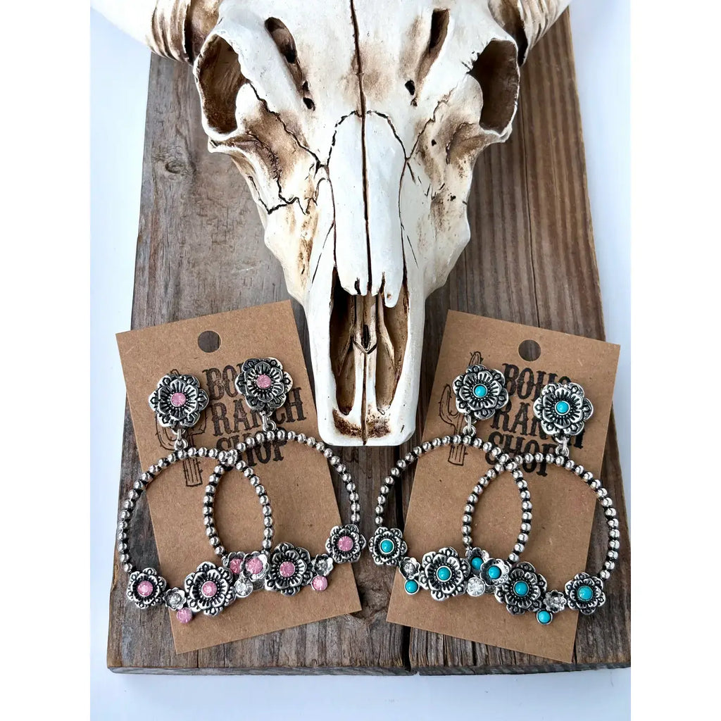 Western Style Flower w/ Stone Hoop Post Drop Earrings
