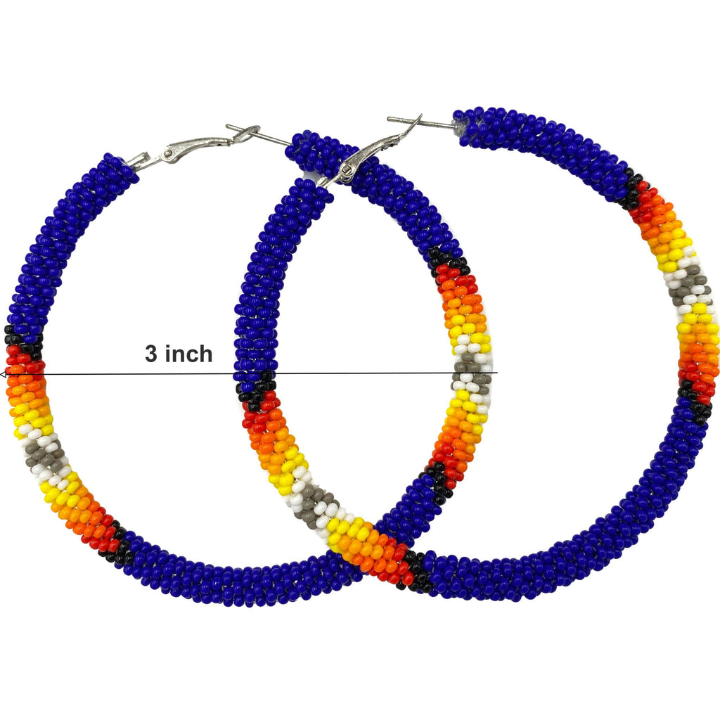 Handmade Native Style 3 Inch Hoop Earrings with Czech Seed Beads - Deep Blue, featuring vibrant colors and detailed beadwork.