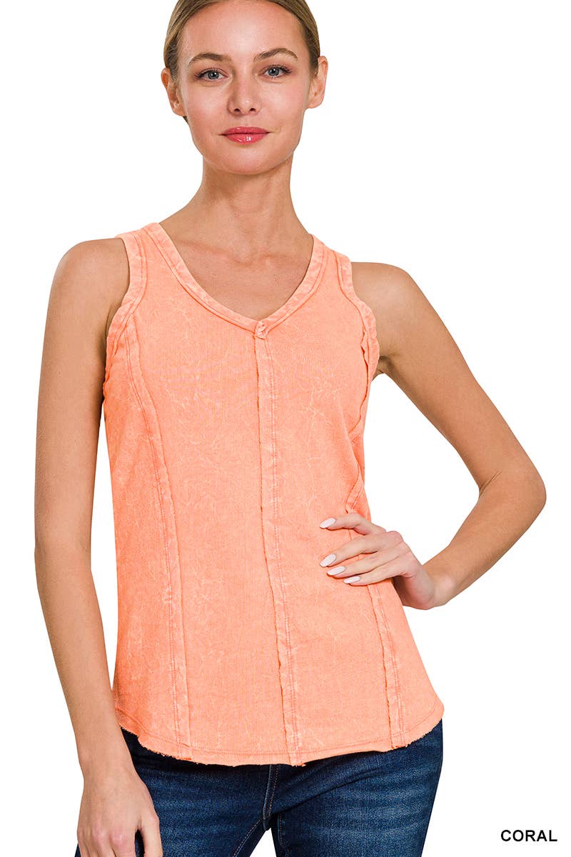 `.Washed Raw Edge V Neck Sleeveless Top