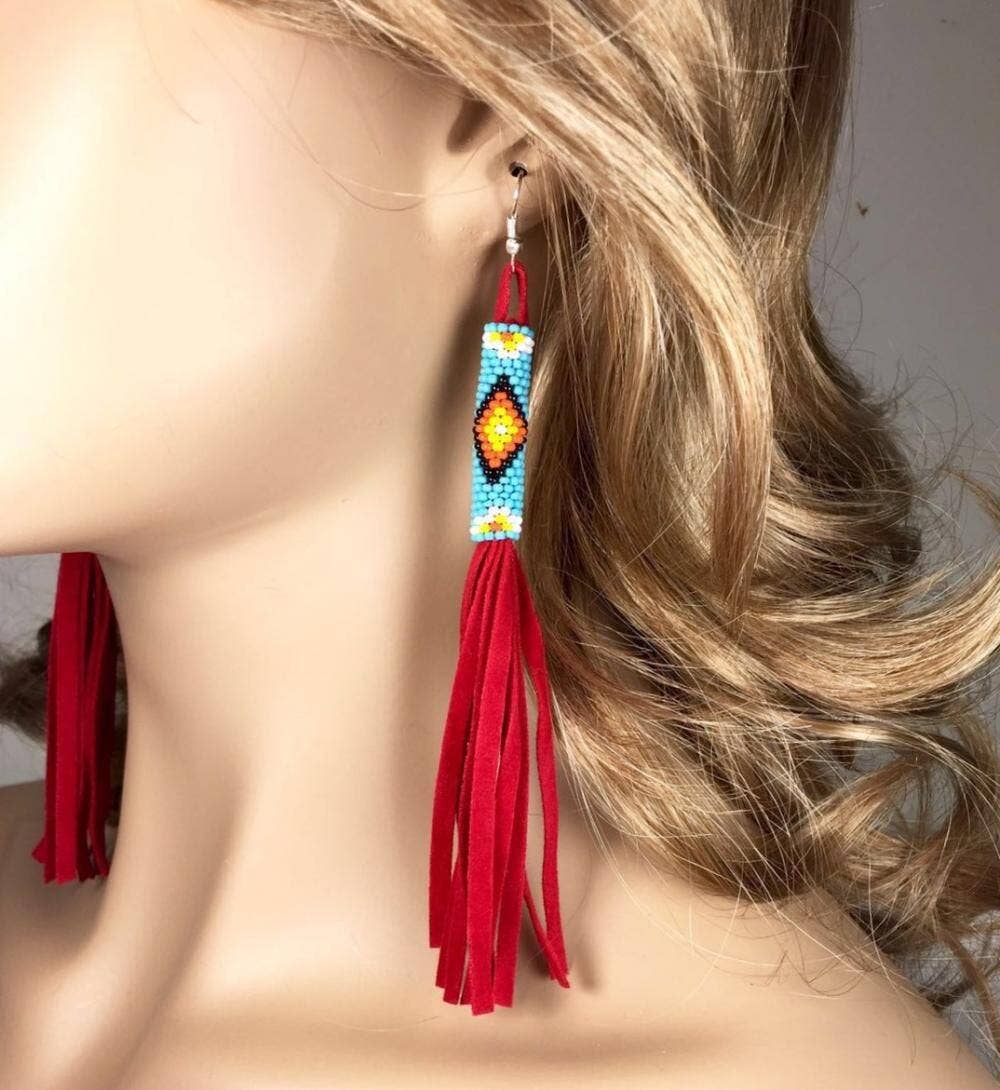 Red Beaded Suede Extra Long Earrings 6 Inch featuring bold beadwork and crimson tassels.