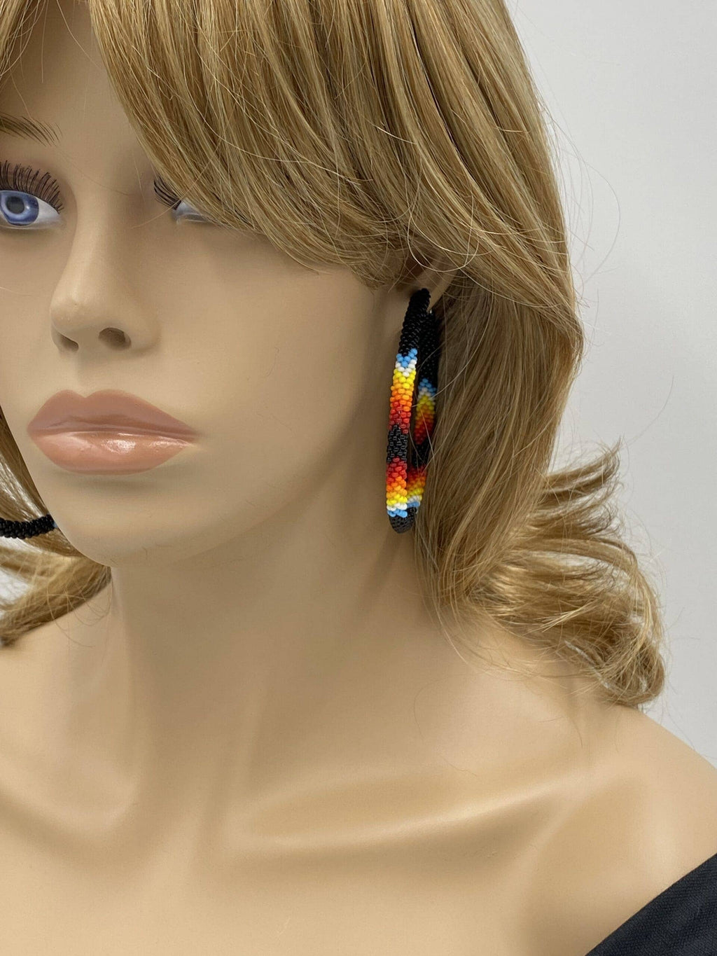 Handmade Native Style Hoop Earrings 3" - Black Fire Beaded