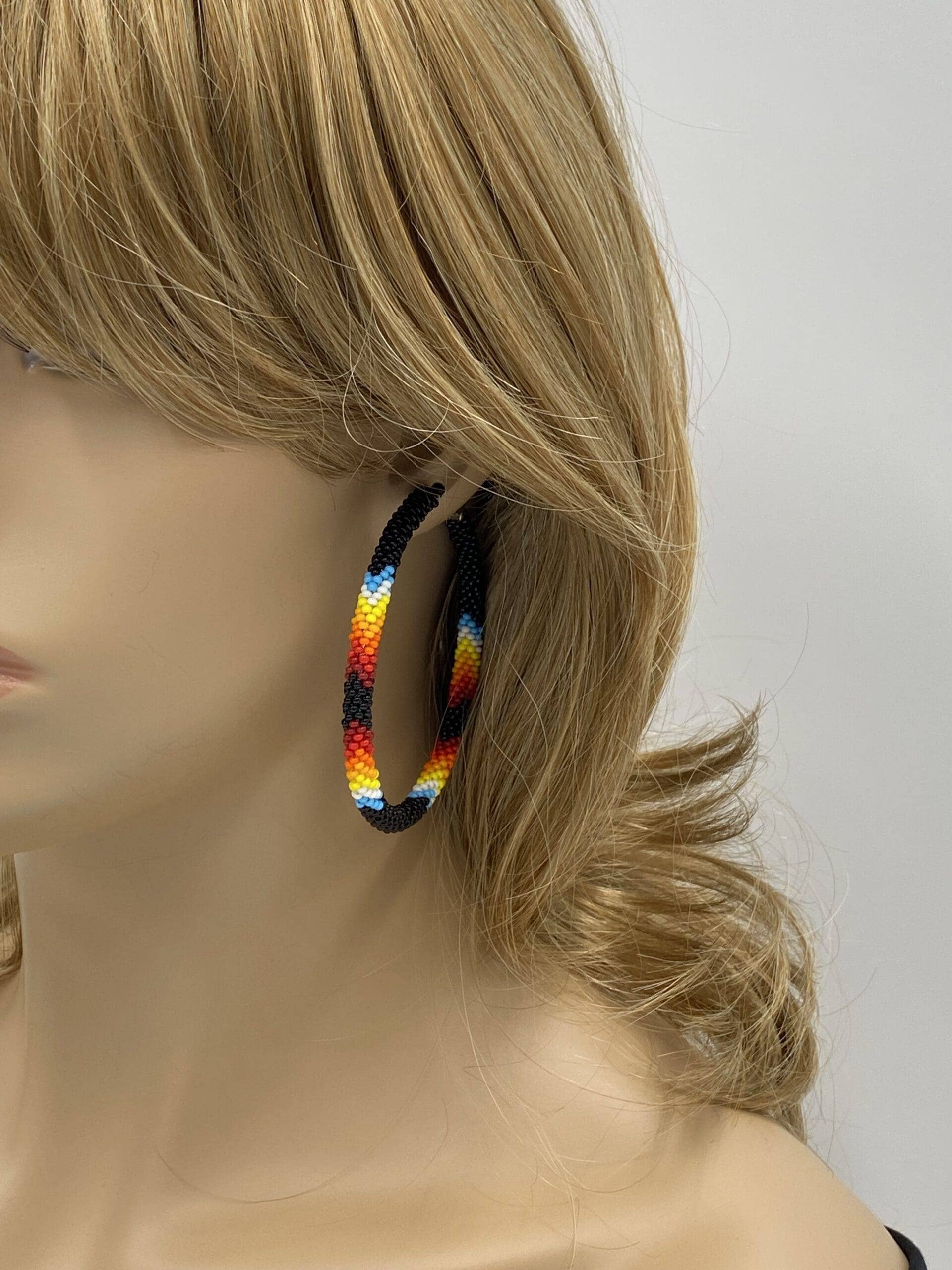 Handmade Native Style Hoop Earrings 3" - Black Fire Beaded