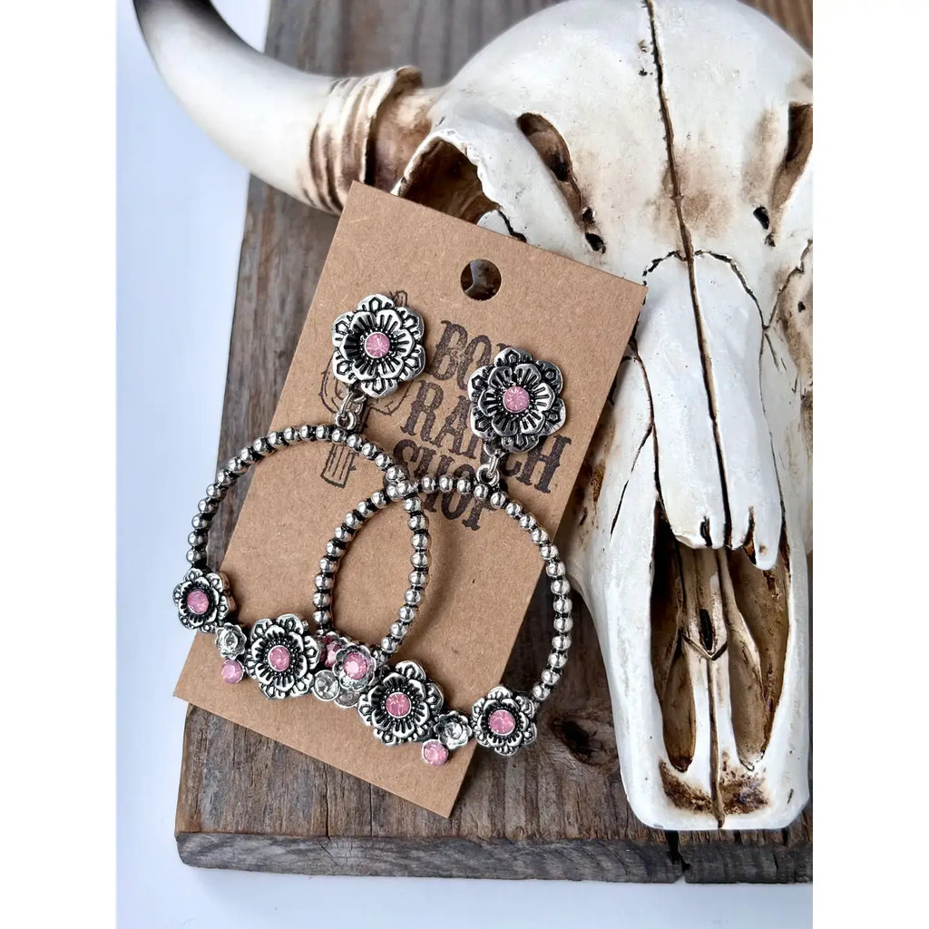 Western Style Flower w/ Stone Hoop Post Drop Earrings