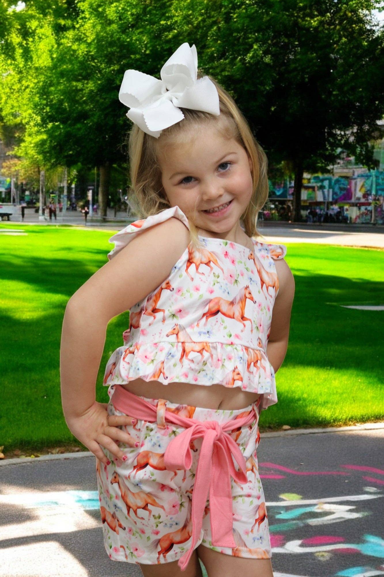 (Western) Horse printed girls short set w/open back.