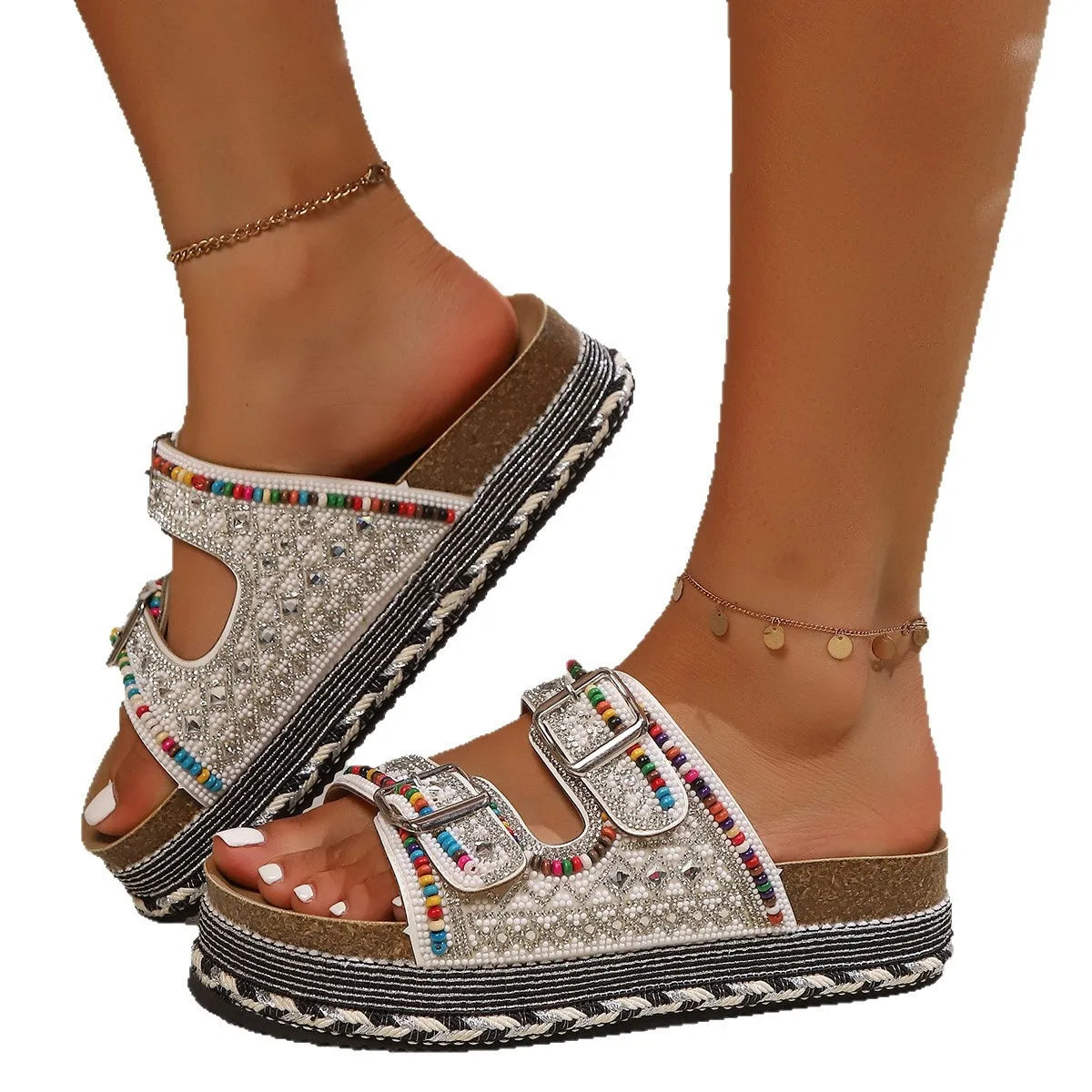 Beaded Buckle Platform Sandals showcasing handcrafted beaded design and cushioned platform for comfort.
