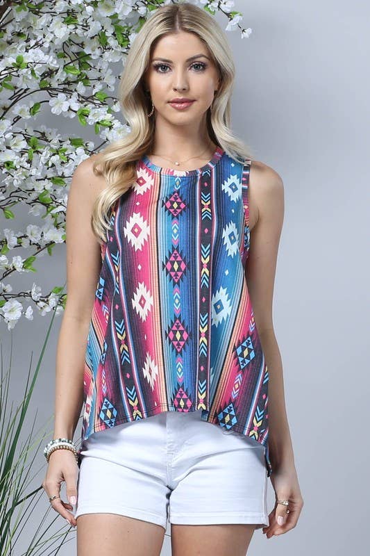 VALERIA AZTEC SERAPE PRINT CROSS BACK SLEEVELESS TOP