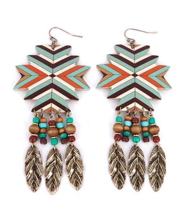AZTEC  LEATHERETTE FEATHER  EARRING