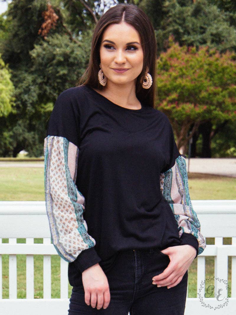 Black Top with Printed Balloon Sleeves