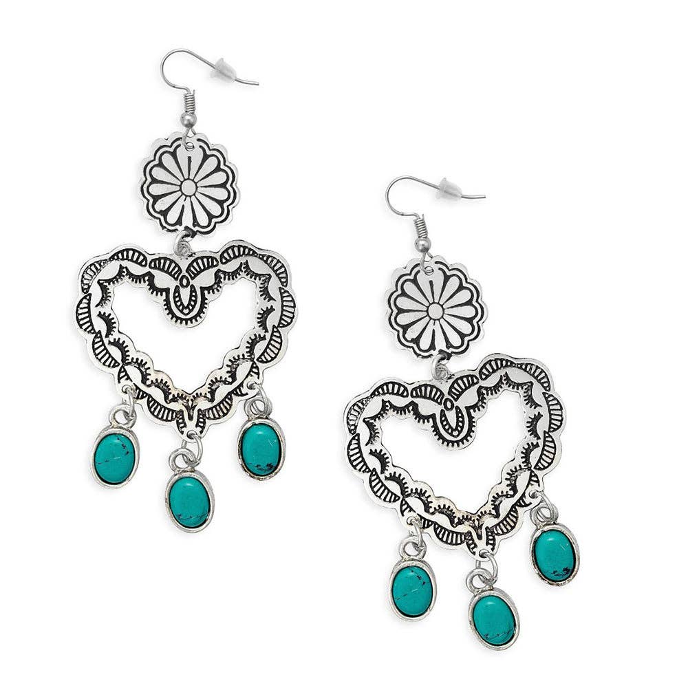Amore Mio Turquoise Heart Pendant Earrings – Silver Engraved Western Drop Jewelry