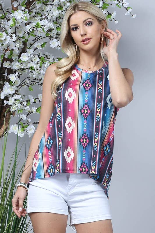 VALERIA AZTEC SERAPE PRINT CROSS BACK SLEEVELESS TOP