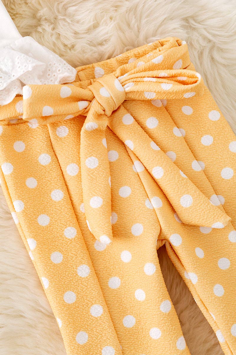 Daisy embroidered crop top & yellow pants w/polka dot.