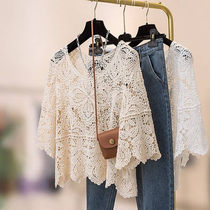Bohemia Crochet Lace bell flare sleeve tee top cover up