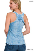 `.Washed Raw Edge V Neck Sleeveless Top
